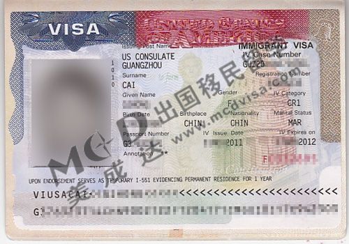蔡小姐的美国cr1签证样本