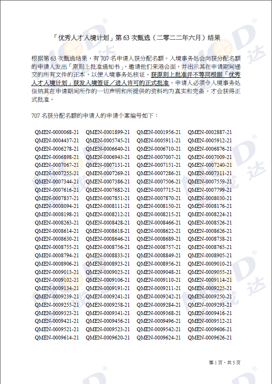 707！香港优才第63期甄选结果公布！